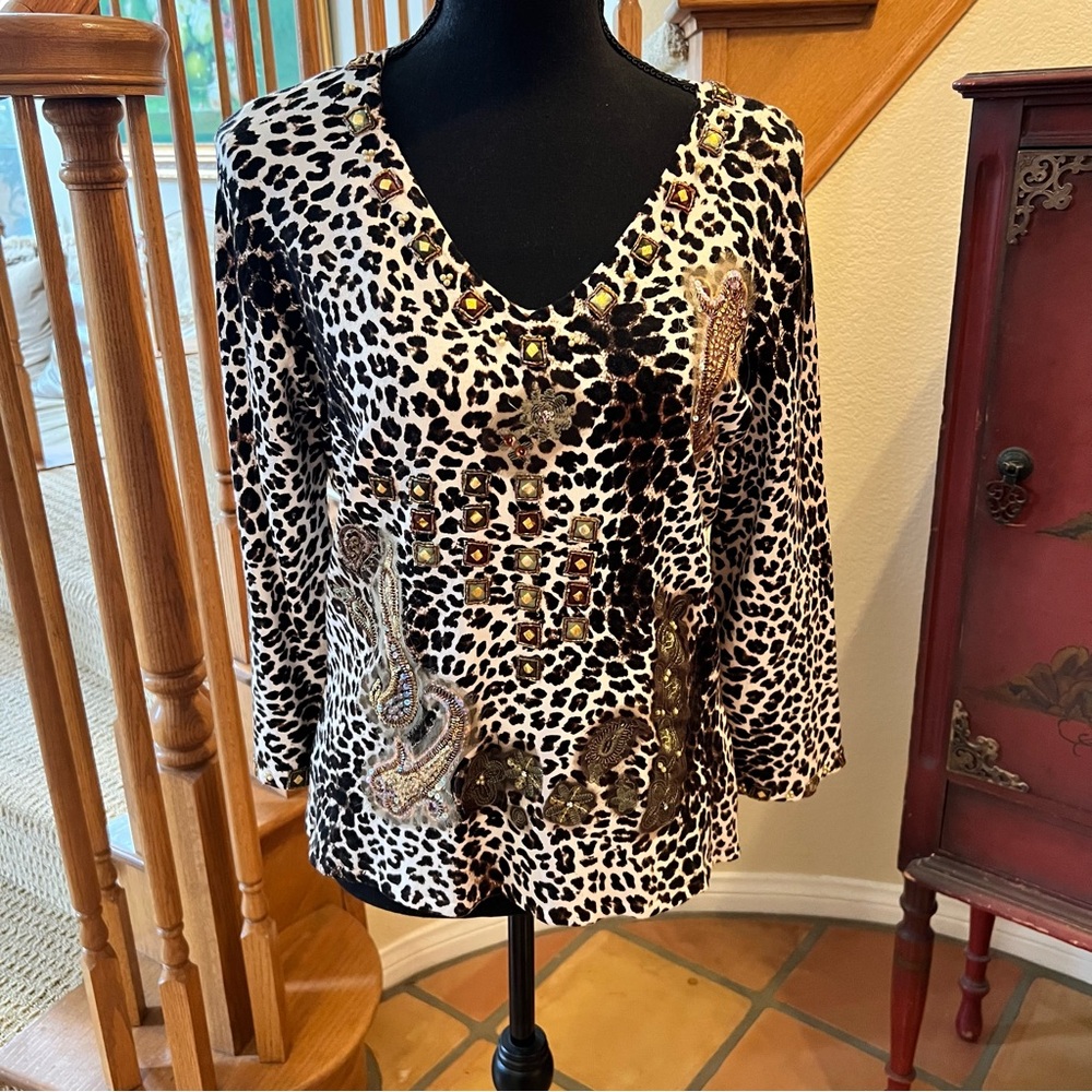 Alberto Makali Multi Animal Print Rhinestone Knit Top XL Fairy Grunge Y2K